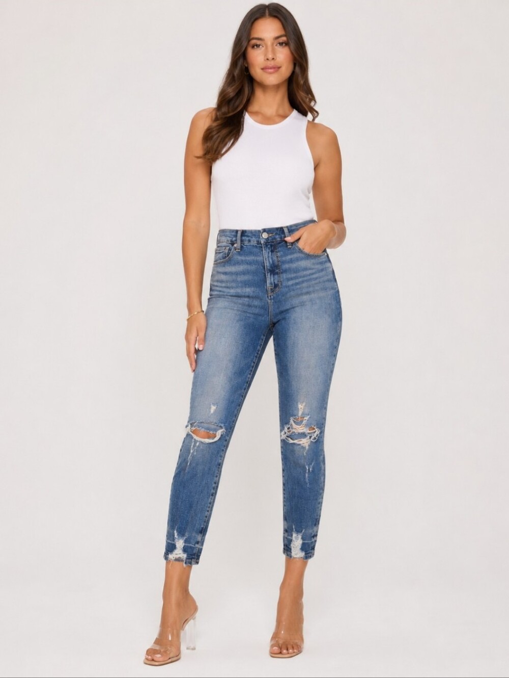 Good American Good Waist High-Rise Distressed Skinny Crop Jeans - Blue, 6 / 28